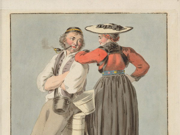 Männliche Ganzfigur in Freiburger Tracht auf Milchbrente sitzend, weibliche Ganzfigur in Rückenansicht in Freiburger Tracht