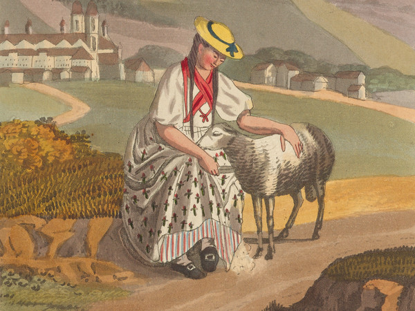 Weibliche Ganzfigur in der Tracht des Kanton Schwyz, sitzend ein Schaf streichelnd, eingebettet in einer Landschaft mit dem Kloster Einsiedeln 