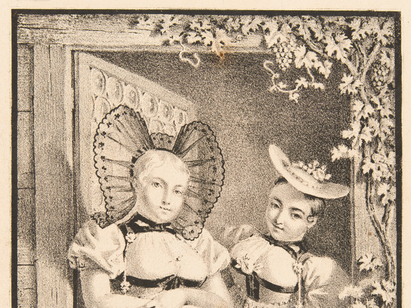 Zwei Bauernmädchen in Halbfigur in der Berner Tracht des Empire-Stils am Fenster mit Rosshaarhaube und Schwefelhütchen, Vorlage für Transparente