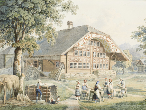 Luzerner Bauern beim Hanfbrechen vor einem Bauernhaus