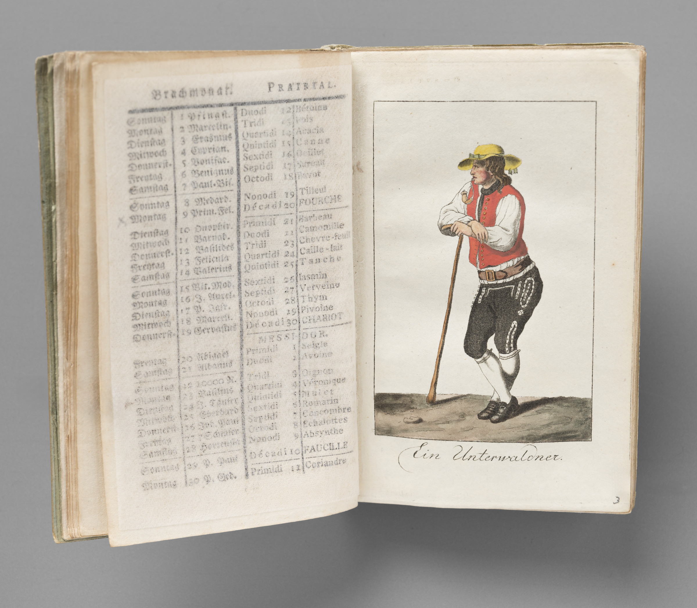 Figure masculine en pied portant le costume de la région d’Unterwald, s’appuyant sur un bâton, vue de trois quarts