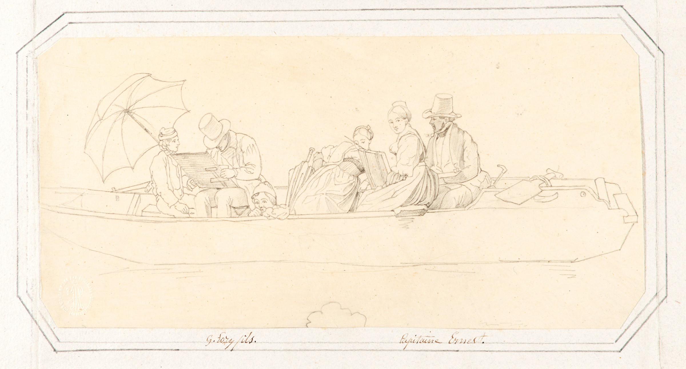 Disegno a matita di una barca in cui siedono uomini e donne che disegnano 