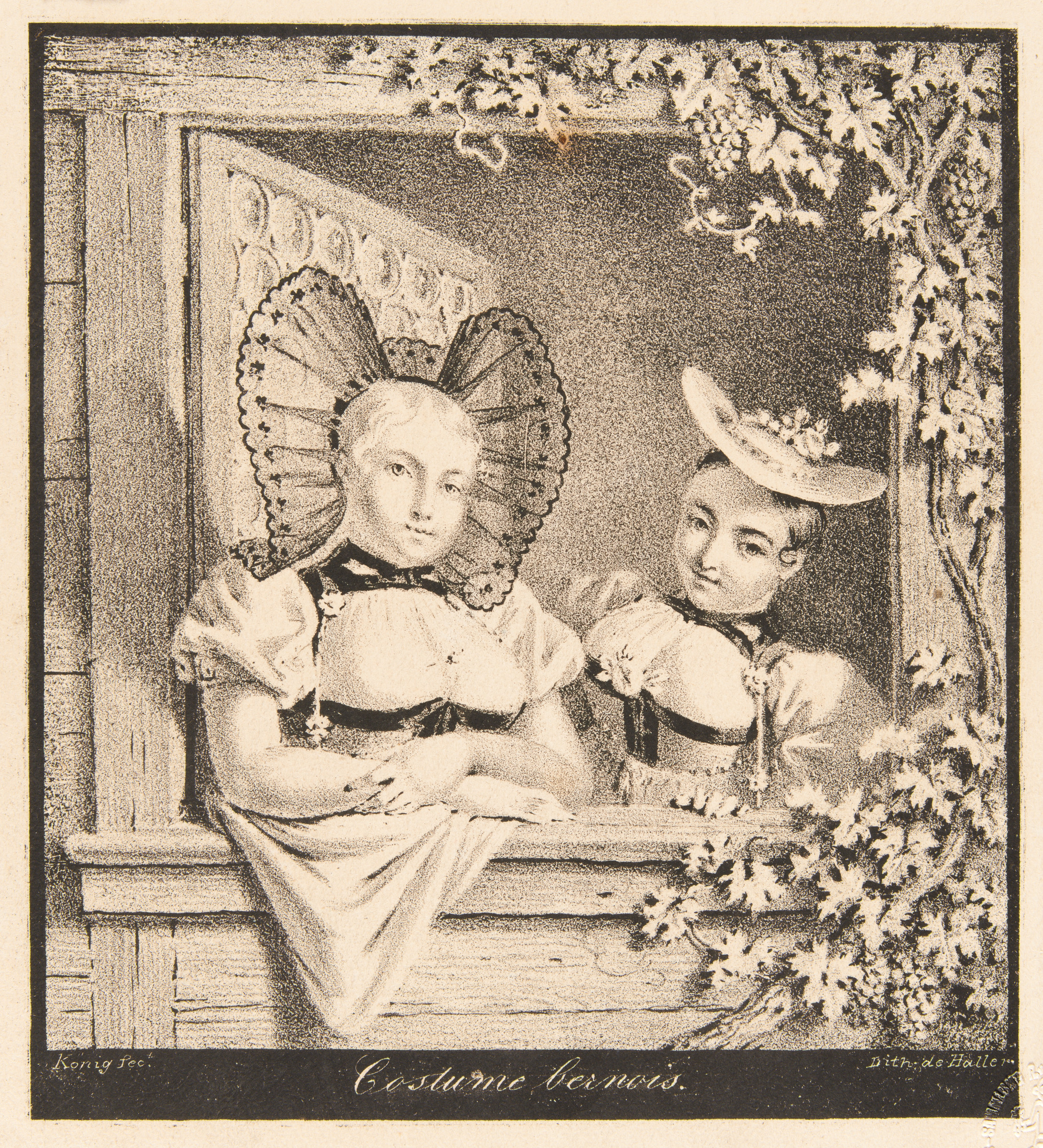 Zwei Bauernmädchen in Halbfigur in der Berner Tracht des Empire-Stils am Fenster mit Rosshaarhaube und Schwefelhütchen, Vorlage für Transparente