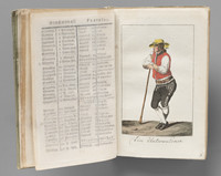 Männliche Ganzfigur in Tracht der Region Unterwalden, die sich in Dreiviertelposition auf einen Stock abstützt