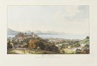 Lausanne, vue panoramique depuis le nord-est. Château ; jardin ; lac Léman ; récolte