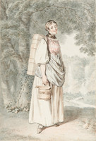 Weibliche Ganzfigur in der Tracht der Region Meiringen, Bäuerin trägt eine Milchbrente auf dem Rücken, hinter ihr befindet sich eine Landschaft mit Wasserfällen