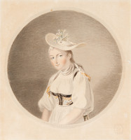 Weibliche Halbfigur, Porträt von Elisabeth Grossmann, Touristenführerin, Schifferin für die Route Brienz zu den Giessbachfällen, ähnliches Porträt als Transparent