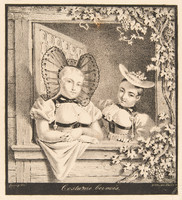 Zwei Bauernmädchen in Halbfigur in der Berner Tracht des Empire-Stils am Fenster mit Rosshaarhaube und Schwefelhütchen, Vorlage für Transparente