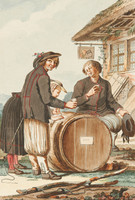 Zwei Männer und eine Frau in Murtner Tracht degustieren Wein auf einem Fass vor einem Gasthaus
