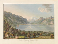 Montreux, vue panoramique depuis le nord-ouest. Baie de Montreux ; chasseurs ; château de Chillon ; Dents du Midi ; lac Léman ; paysan