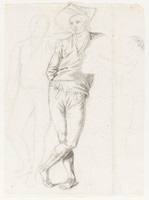 Hirte mit verschränkten Beinen in der Mitte stehend, zwei Figuren links und rechts von ihm nur angedeutet.